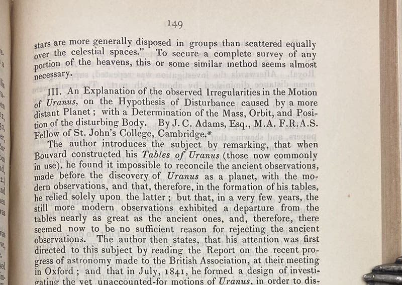 Opening paragraph of paper, “An explanation of the observed Irregularities in the Motion of Uranus…, read by John Couch Adams, Nov. 13, 1846, Monthly Notices of the Royal Astronomical Society, vol. 7, p. 149, 1846 (Linda Hall Library)