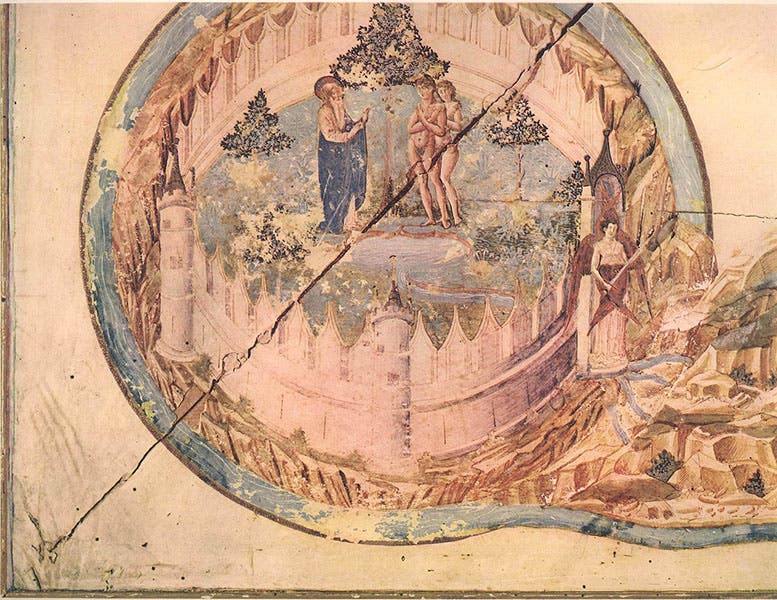 Sector XLIII of the Fra Mauro map, the Garden of Eden, circular vignette at lower left, manuscript on vellum and wood, ca 1460, property of the Biblioteca Nazionale Marciana, Venice; on display in Museo Correr, Piazza San Marco, Venice (Wikimedia commons)
