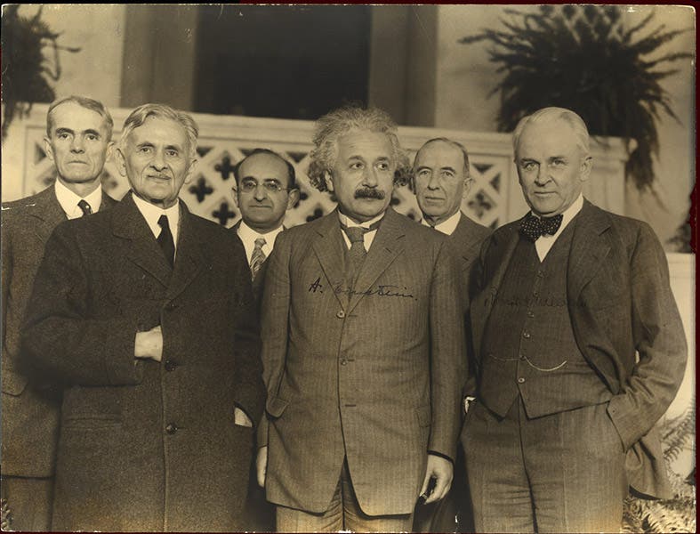 Albert Einstein visits Pasadena, 1931; Walter Sydney Adams is at far left; Albert Michelson is at front row left, while Robert Millikan is at front row right (Smithsonian Institution Libraries)