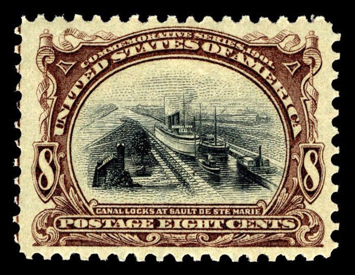 Canal Locks at Sault Ste Marie, 8¢ Pan-American Exposition commemorative stamp, issued May 1, 1901, National Postal Museum (postalmuseum.si.edu)