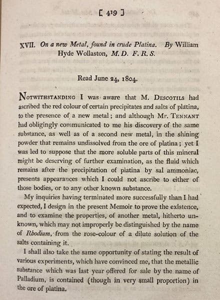 First page of the paper announcing the discovery of the element rhodium, by William Hyde Wollaston, in the Philosophical Transactions of the Royal Society of London, 1804 (Linda Hall Library)