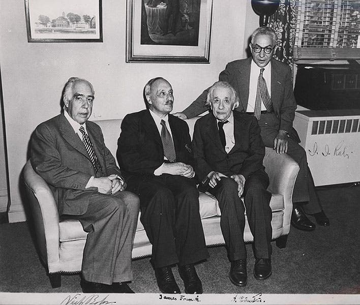 Group portrait of (left to right) Niels Bohr, James Franck, Albert Einstein, and I. I. Rabi, photograph, 1954 (Smithsonian Institution Libraries via Wikimedia commons)