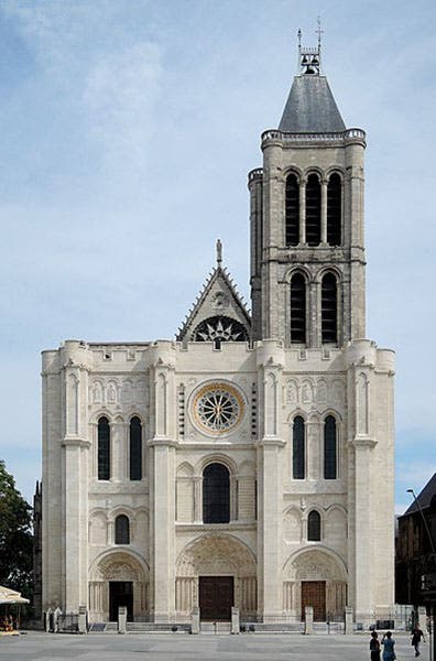 The façade of the church of Saint-Denis in Paris, much of it as built by Abbot Suger by 1140. Two towers were built later; the taller one had to be pulled down in 1846, but is now scheduled for reconstruction, beginning this summer (Wikimedia commons)