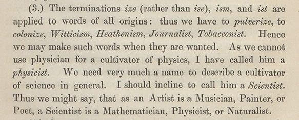 The new words scientist and physicist, as they appeared in Whewell’s Philosophy of the Inductive Sciences, 1840 (Linda Hall Library)