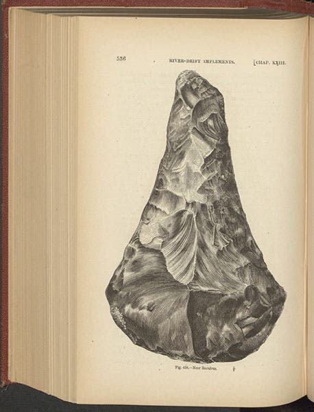 Flint hand-axe from Reculver, Kent, found by Evans, 1861, wood-engraving, in John Evans, The Ancient Stone Implements, Weapons and Ornaments of Great Britain, 1872 (author’s copy)