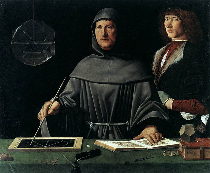 Portrait of Luca Pacioli, by Jacopo de’ Barbari, oil? on wood, Museo Nazionale di Capodimonte, Naples, Web Galley of Art (wga.hu)