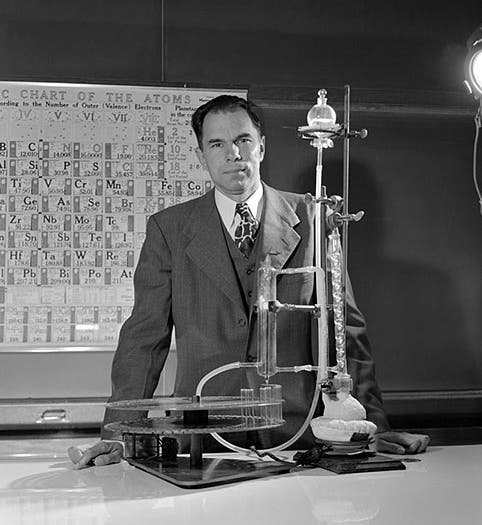 Glenn Seaborg, posing in the lab, photograph, 1950 (Wikimedia commons)