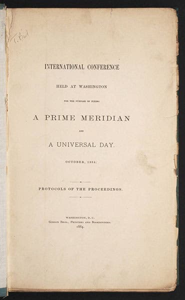 Title Page, International Conference held at Washington for the Purpose of Fixing a Prime Meridian and a Universal Day. Protocols of the Proceedings, 1884 (Linda Hall Library)