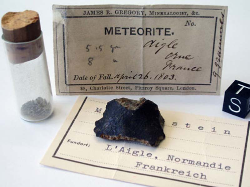 A meteorite fragment that fell at l’Aigle on Apr. 26, 1803, now in the Musée de la Météorite de l’Aigle, Orne, Normandy (en.normandi-tourisme.fr)