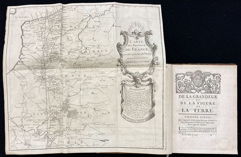 Map of triangulations along the meridian though Paris, north to Dunkirk, frontispiece and half-title, De la grandeur et de la figure de la terre, by Jacques Cassini, 1720 (Linda Hall Library)