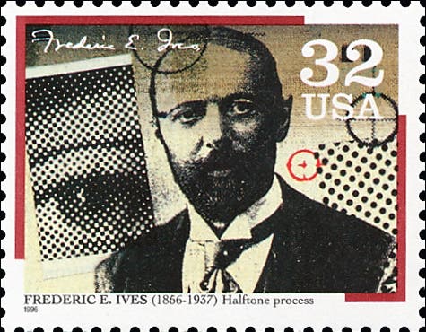 U.S. postage stamp, showing Frederic Ives and his half-tone process, Pioneers of Communication series, 1996 (linns.com)