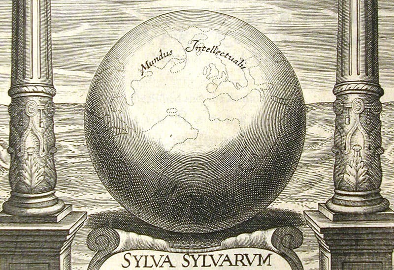 “Mundus intellectualis,” the intelligible world, detail of the engraved title page of Sylva sylvarum, by Francis Bacon, edited by Willam Rawley, engraved by Thomas Cecil, 1626, here 1628 (Linda Hall Library)