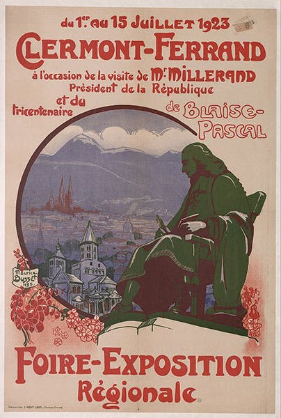 Poster for the Tercentenary celebration of the birth of Blaise Pascal, 1923, showing Clermont-Ferrand, the Puy de Dôme, and the statue of Pascal unveiled in the city in 1880 (Wikimedia commons)