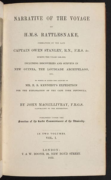 Title page, Narrative of the Voyage of H.M.S. Rattlesnake, by John MacGillivray, vol. 1, 1852 (Linda Hall Library)