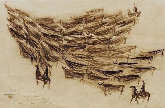 Preparatory drawing for one of the versions of Camargue, by Fritz Koenig, 1957, sold at auction (mutualart.com)