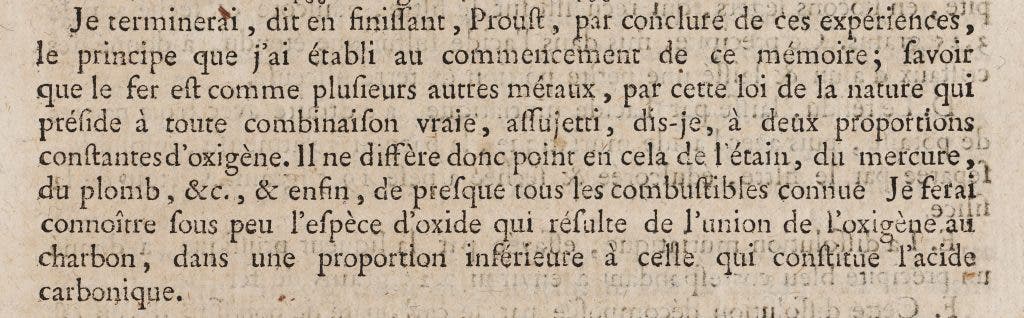 Final paragraph of Proust’s paper on Prussian blue, Journal de Physique, 1794 (Linda Hall Library)