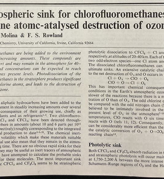 First paragraph, “Stratospheric sink for chlorofluoromethanes: Chlorine atomc-atalysed destruction of ozone,” by Mario J. Molina and F.S. Rowland, Nature, vol. 249, p. 810, June 28, 1974 (The Linda Hall)