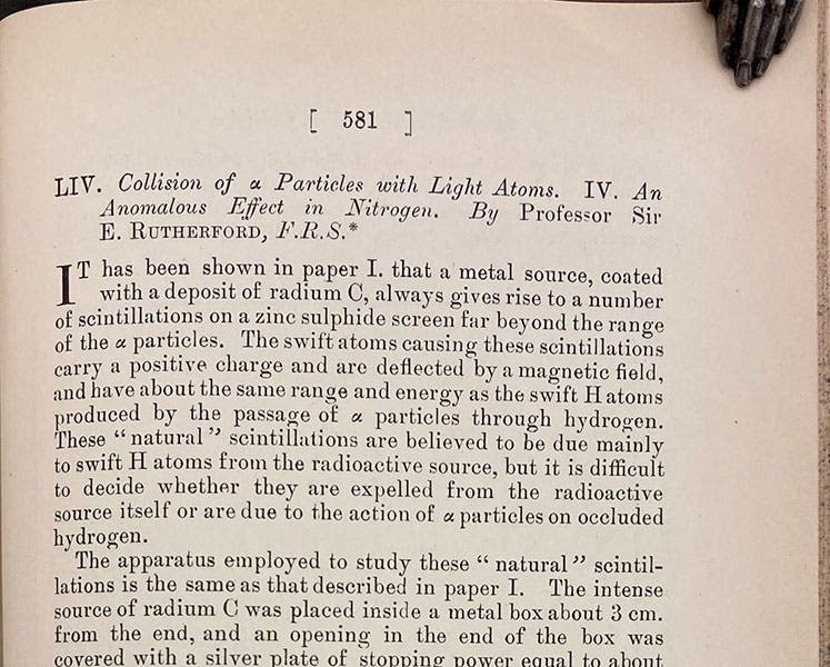 Detail of first page of paper, "Collisions of α particles with light atoms. IV. An anomalous effect in nitrogen," by Ernest Rutherford, London, Edinburgh and Dublin Philosophical Magazine, vol. 37, 1919 (Linda Hall Library)