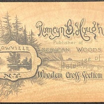 Business card of Romeyn Beck Hough, printed on a thin slice of hardwood, originally loosely laid in vol. 1 of The American Woods, Exhibited by Actual Specimens and with Copious Explanatory Text, by Romeyn Beck Hough, 1888, now shelved in a separate envelope (The Linda Hall)