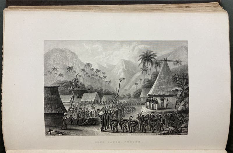 “Club Dance, Feejee,” full-page etching, uncropped, based on drawing by Joseph Drayton, in Narrative of the United States Exploring Expedition, by Charles Wilkes, 1845, quarto ed., vol. 3 (Linda Hall Library)