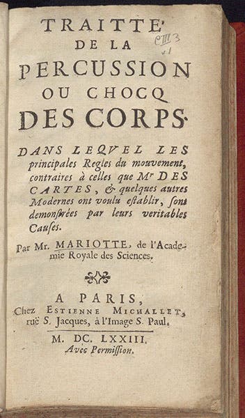 Title page, Traité de la percussion ou choc des corps, by Edmé Mariotte, 1673 (Linda Hall Library)