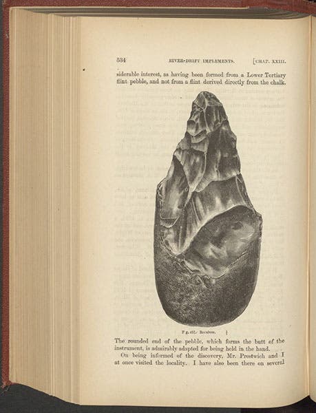 Flint hand-axe from Reculver, Kent, found by Thomas Leech, 1860, wood-engraving, in John Evans, The Ancient Stone Implements, Weapons and Ornaments of Great Britain, 1872 (author’s copy)