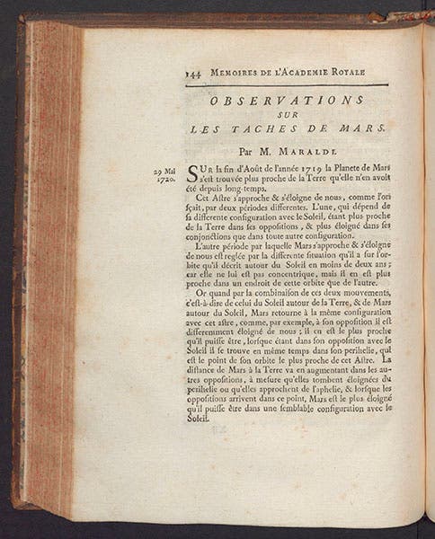 Opening page of Giacomo Maraldi’s second paper on the spots of Mars, Memoires de l'Academie Royale des Sciences, 1720 (Linda Hall Library)