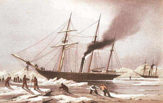 The steam tender <i>Pioneer</i> breaking through the ice, part of the Austin expedition of 1850-51, lithograph, in Sherard Osborn, <i>Stray Leaves from an Arctic Journal</i>, 1852 (Linda Hall Library)