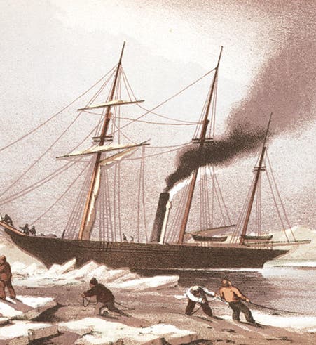 The steam tender <i>Pioneer</i> breaking through the ice, part of the Austin expedition of 1850-51, lithograph, in Sherard Osborn, <i>Stray Leaves from an Arctic Journal</i>, 1852 (Linda Hall Library)
