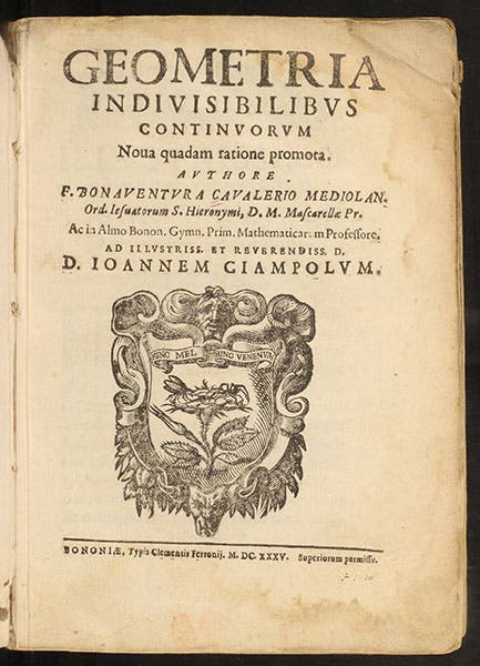 Title page of Geometria indivisibilibus, by Bonaventura Cavalieri, 1635 (Linda Hall Library)