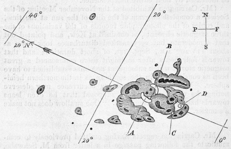 Richard Carrington’s diagram of sunspots, Sep. 1, 1859, with two solar flares marked at A and B, originally published in Monthly Notices of the Royal Astronomical Society, vol. 20, 1859 (welt.de)