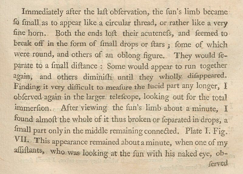 Williams’ description of Baily’s beads, detail, Memoirs of the AAAS, 1780-83 (Linda Hall Library)