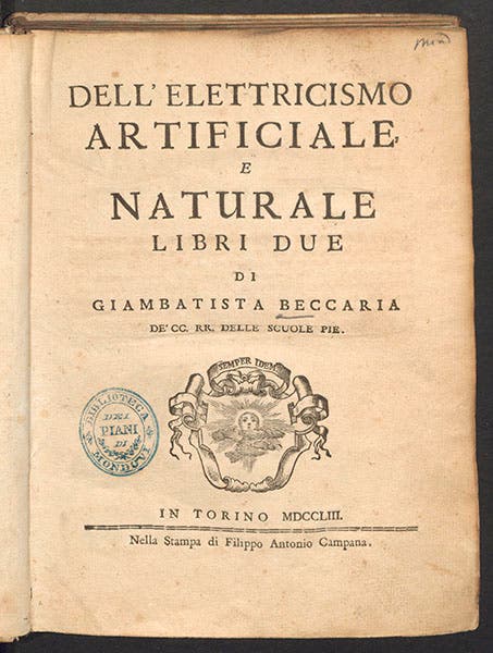 Title page of Dell'elettricismo artificiale, e naturale, by G. B. Beccaria, 1753 (Linda Hall Library)