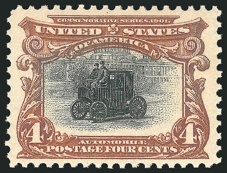 4-cent brown and black ”Automobile”, U.S. postage stamp, Pan-American Exposition issue, 1901, designed by Raymond O. Smith (usphila.com)