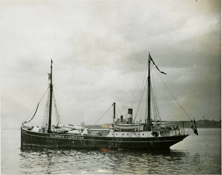 The Wyatt Earp, Ellsworth’s ship, with the Polar Star lashed on deck, photograph, ca 1935, University of Wisconsin – Milwaukee Libraries (collections.lib.uwm.edu)