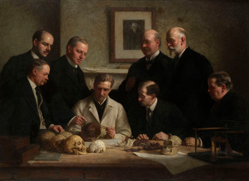 : “The Piltdown Gang,” oil painting by John Cooke, 1915, in the Geological Society of London; Arthur Smith Woodward is in the rear on the right (geolsoc.files.wordpress.com)
