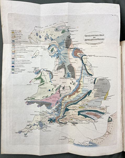 Map of England and Wales after that of George Greenough, hand-colored engraved frontispiece to Outlines of the Geology of England and Wales, by William D. Conybeare and William Phillips, 1822 (Linda Hall Library)