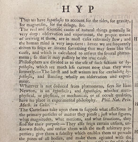 Detail of entry on “Hypothesis,” Cyclopædia, or, an Universal Dictionary of Arts and Sciences, by Ephraim Chambers, 7th ed., vol. 1, 1751-52 (Linda Hall Library)