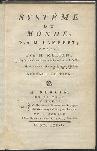 Title page, Systême du monde, an abridged translation of Cosmologische Briefe, by Johann Lambert, 1784 (Linda Hall Library)