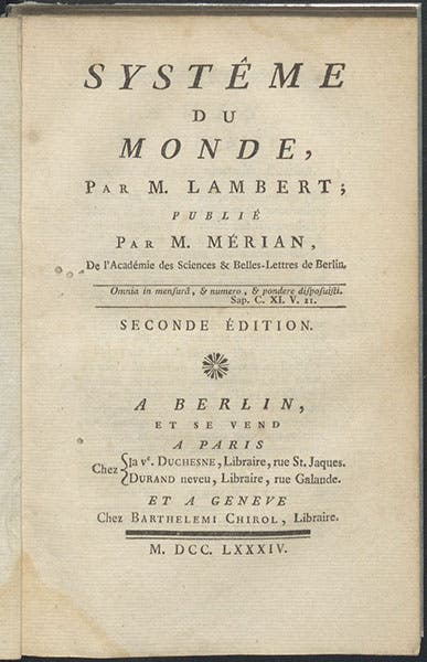 Title page, Systême du monde, an abridged translation of Cosmologische Briefe, by Johann Lambert, 1784 (Linda Hall Library)