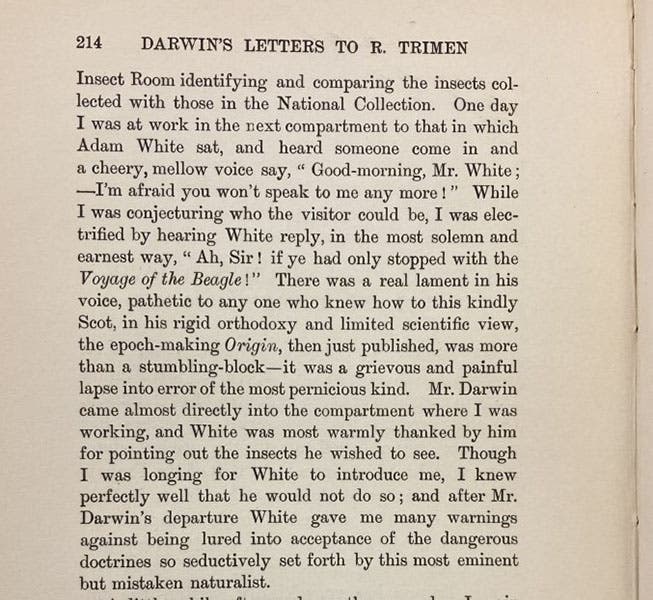 Passage relating Roland Trimen’s story about an encounter between Charles Darwin and Adam White, 1860, in the British Museum, in Charles Darwin and the Origin of Species, by Edward Poulton, p. 214, 1909 (Linda Hall Library)