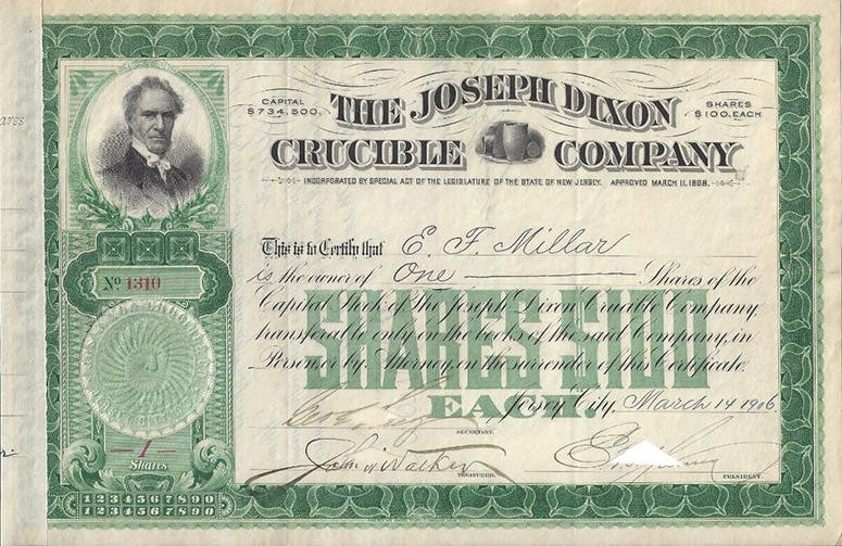 Stock certificate of the Joseph Dixon Crucible Company, with portrait of Joseph Dixon, 1906, listed for auction on eBay (ebay.com)