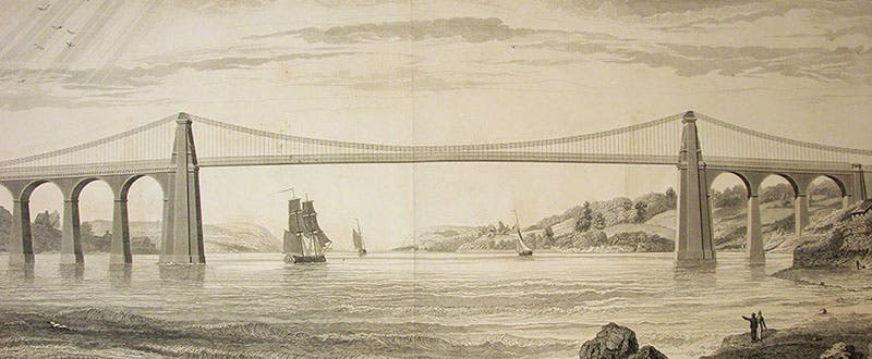 Menai Bridge, where Daniell Erg carried his battery to the top of the right tower, 130 feet above the water, from Atlas to the Life of Thomas Telford, 1838 (Linda Hall Library)