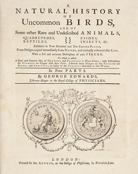 Title page, A Natural History of Birds, by George Edwards, vol. 1, 1743, University of Wisconsin-Madison Libraries (search.library.wisc.edu