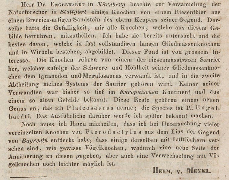 Conclusion of paper by Hermann von Meyer, naming the dinosaur Plateosaurus, in Neues Jahrbuch für Mineralogie …, 1837 (Linda Hall Library)