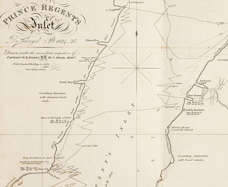 Map of Prince Edward Inlet; Fury Point and Fury Beach are at bottom left; winter quarters (Port Bowen) are at center right; zig-zag path is track of HMS Fury and Hecla through the ice, spring and summer of 1825, detail of an engraving in Journal of a Third Voyage for the Discovery of a Northwest Passage, by William Edward Parry, 1826 (Linda Hall Library)