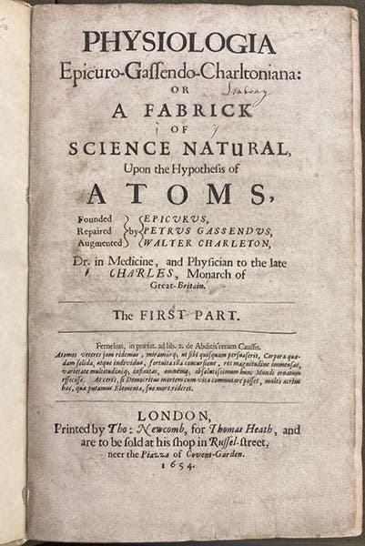 Title page, Physiologia Epicuro-Gassendo-Charletonia, by Walter Charleton, 1654 (Linda Hall Library)