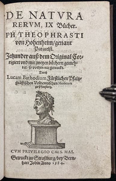 Title page, De natvra rervm, by Phillip Theophrastus von Hohenheim, called Paracelsus, 1584 (Linda Hall Library)