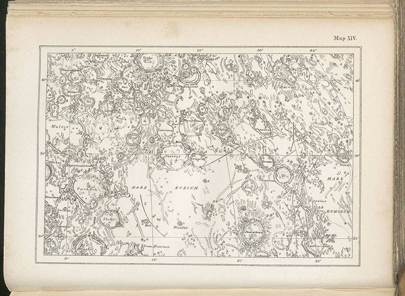 Section XIV of a lunar map, lithograph, showing crater Tycho and Mare Nubium, in Edmund Neison, The Moon and the Condition and Configurations of its Surface, 1876 (Linda Hall Library)