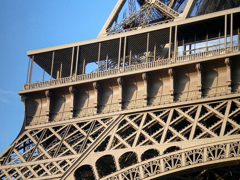 Names on the southwest (Grenelle) side of the Eiffel Tower, including that of Hippolyte Fizeau, third from left (Wikimedia commons)